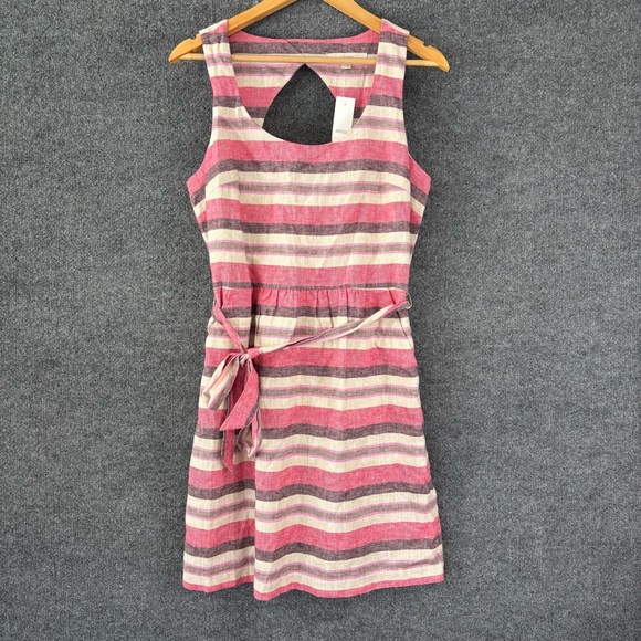 LOFT Dresses & Skirts - Ann Taylor Loft Womens Cut Out Back Linen Blend Striped Dress Size 8 Beige Pink